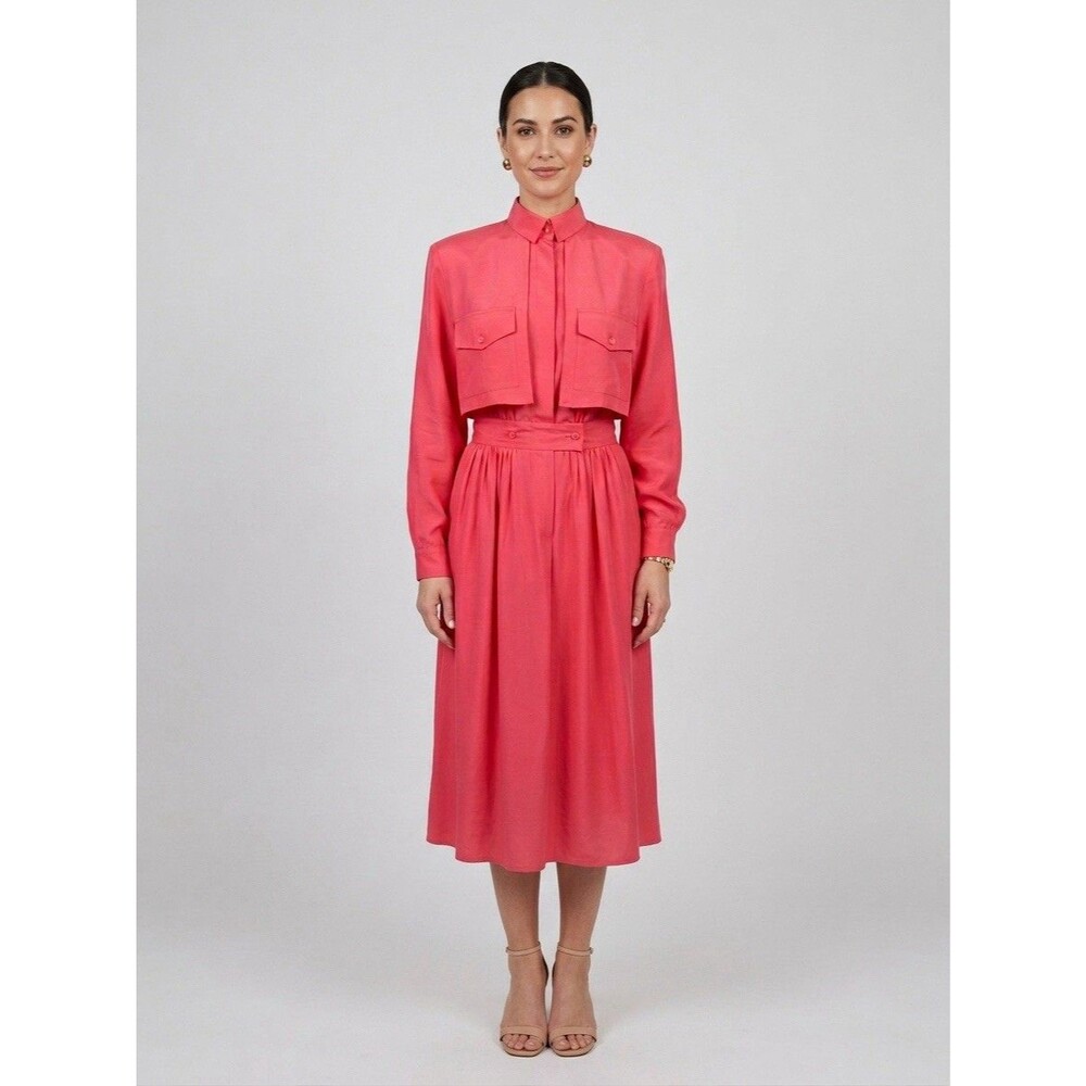 Vintage Lands End Midi Silk Button Dress Coral Pink Size 6